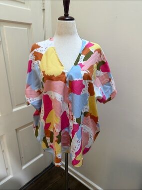 JODIFL Multicolor Abstract V-Neck Blouse - Pink Yellow Blue Brown Green